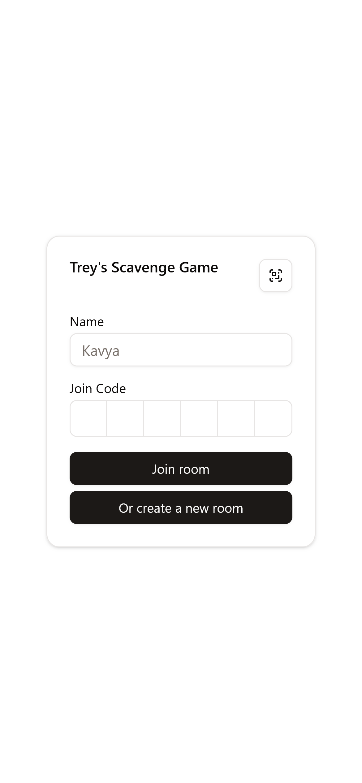Home screen where users can create or join a lobby