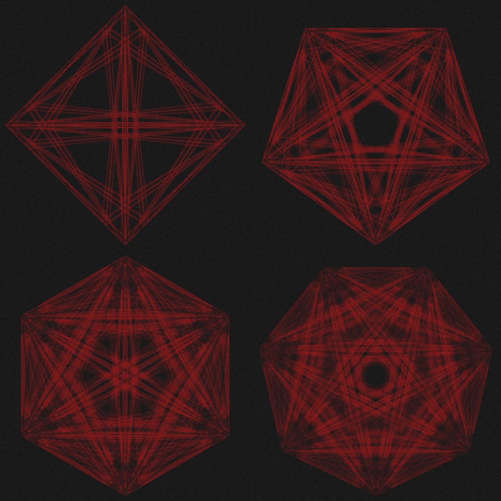 4 red webbed shaped: a square, pentagon, hexagon, and heptagon